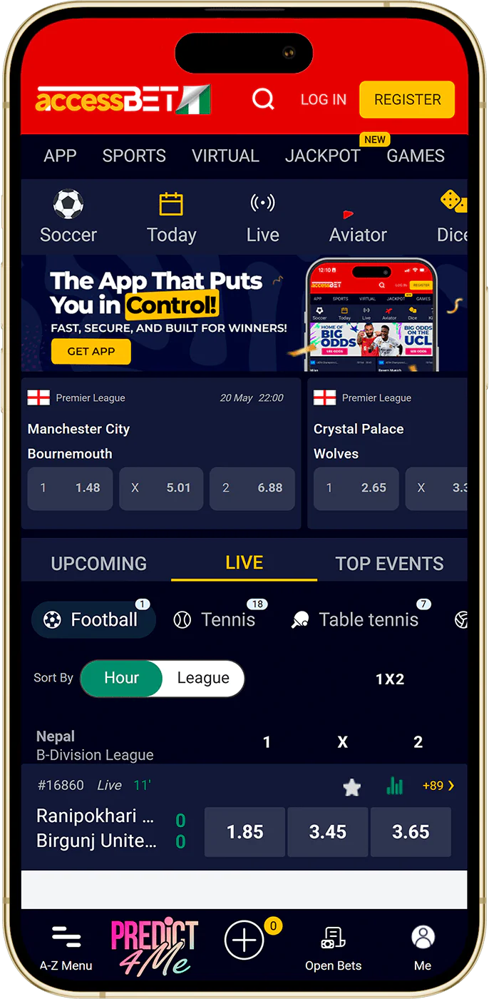 AccessBet mobile app home page